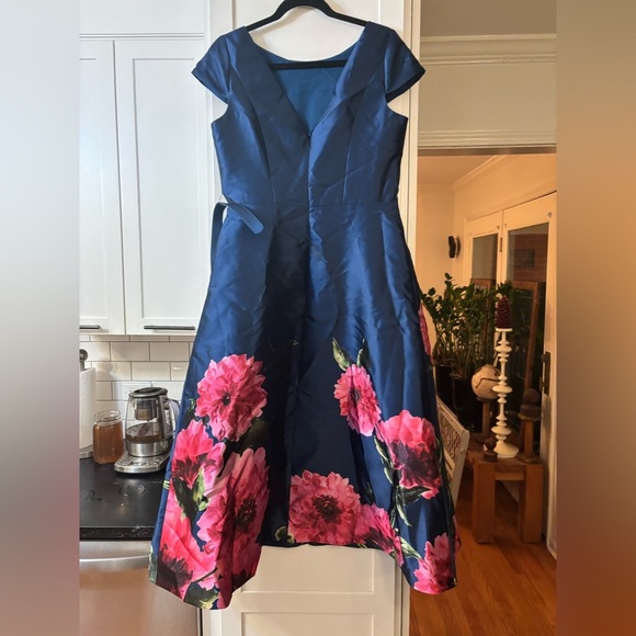 kay unger ina belted cocktail dress Kay Unger New York Ina Belted Tea-Length Floral Mikado Dress